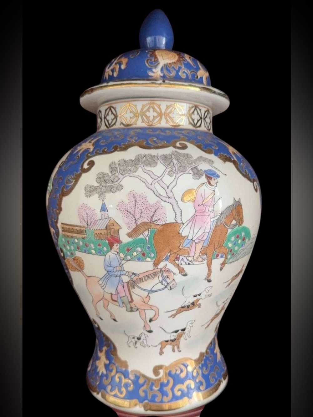 1940’s Blue, Gold & White Porcelain, Vintage WBI Jar with Hand-Painted Scene